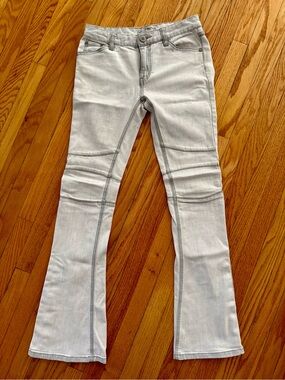 Free People Light Gray Boho Festival Flare Jeans with Panel Seams & Button leg
